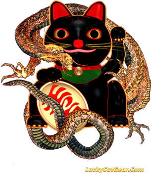 Black Lucky Cat with Hokusai Dragon