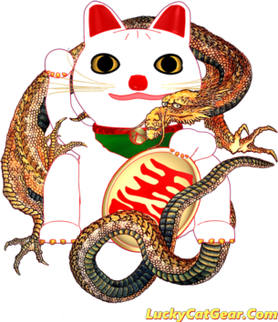 White Lucky Cat with Hokusai Dragon